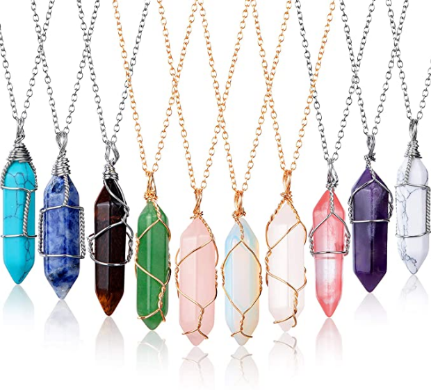 10 Pieces Hexagonal Crystal Pendant Necklace,  Full Wire Wrap Gemstone Necklace for Women Girls